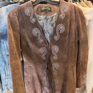 Scully Leather Womens Fringe Silver Embroidered Boar Suede Jacket Expresso